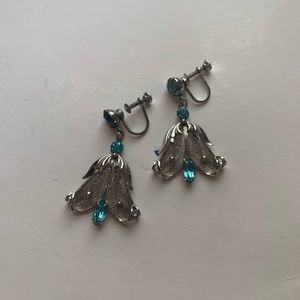Blue stone with silver metal clip on dangle earrings (1603)